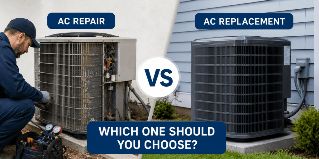 AC repair vs AC replacement comparison showing an HVAC technician repairing an older air conditioning unit beside a modern high-efficiency AC system.