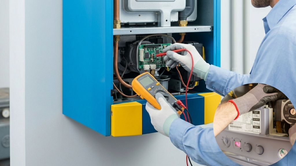 A close-up view of an HVAC technician in a light blue shirt and work gloves diagnosing a modern blue and yellow wall-mounted boiler. The technician is using a bright yellow digital multimeter to test an open electronic circuit board inside the unit.