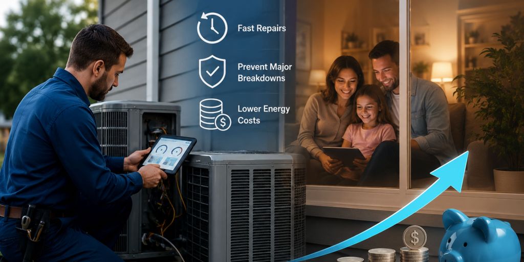 HVAC technician repairing an AC unit while a family enjoys a comfortable home.