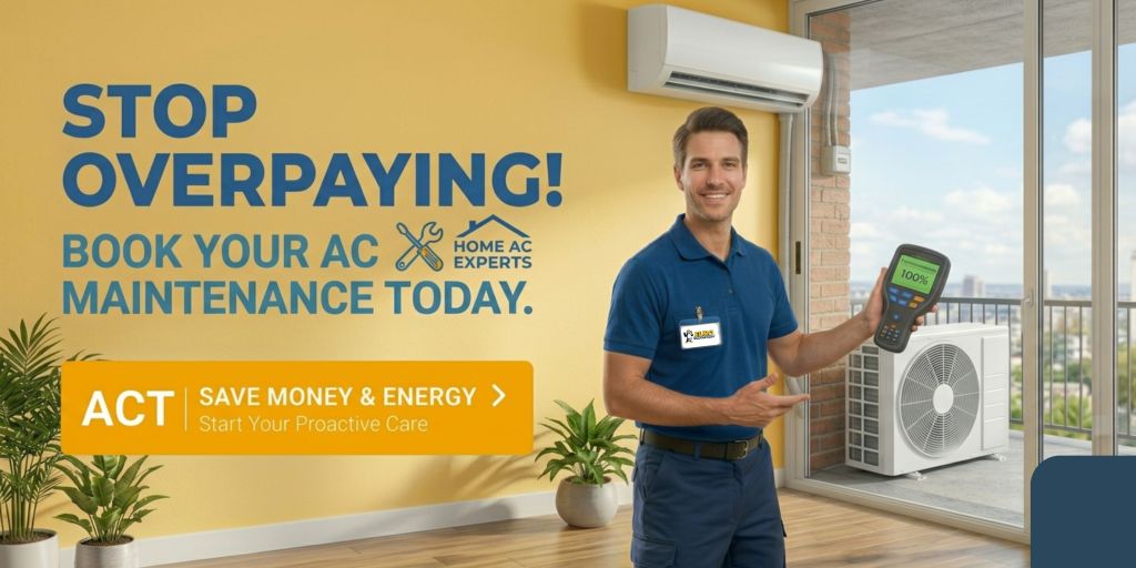 Friendly HVAC technician pointing to an indoor AC unit with the outdoor unit visible on a balcony. Text reads: "STOP OVERPAYING! BOOK YOUR AC MAINTENANCE TODAY."