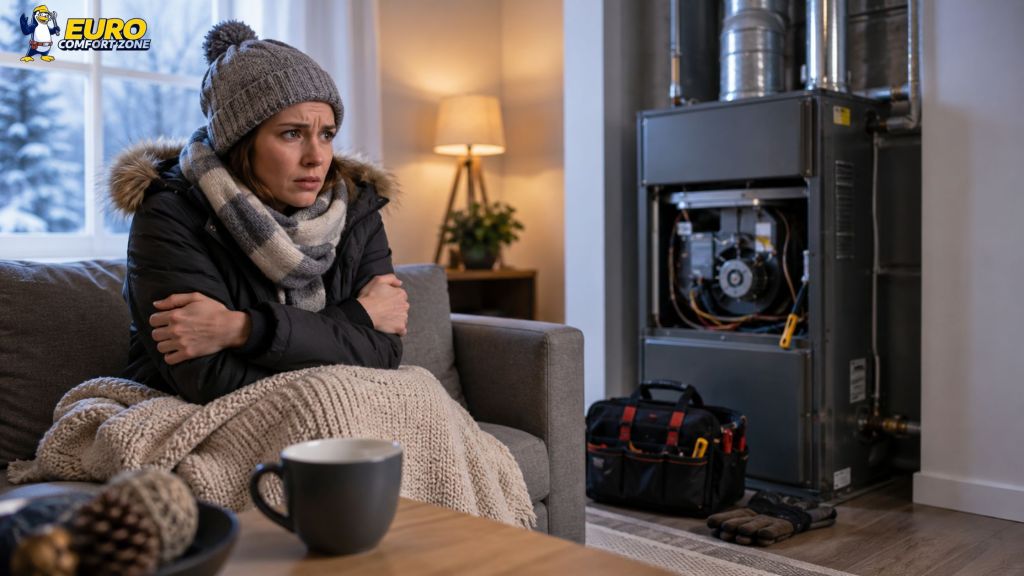 A realistic winter living room with a worried homeowner wrapped in a blanket, sitting beside a non-working furnace while snow is visible outside, illustrating an emergency home heating situation.