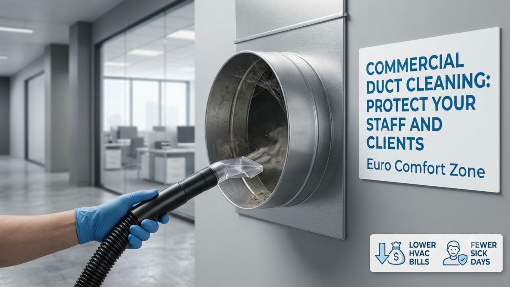 A professional HVAC technician wearing blue gloves uses a commercial vacuum hose attachment to clean a metal air duct vent in a modern, brightly lit office hallway. The background shows a clean office interior with glass walls and desks, emphasizing a hygienic and professional workplace environment.