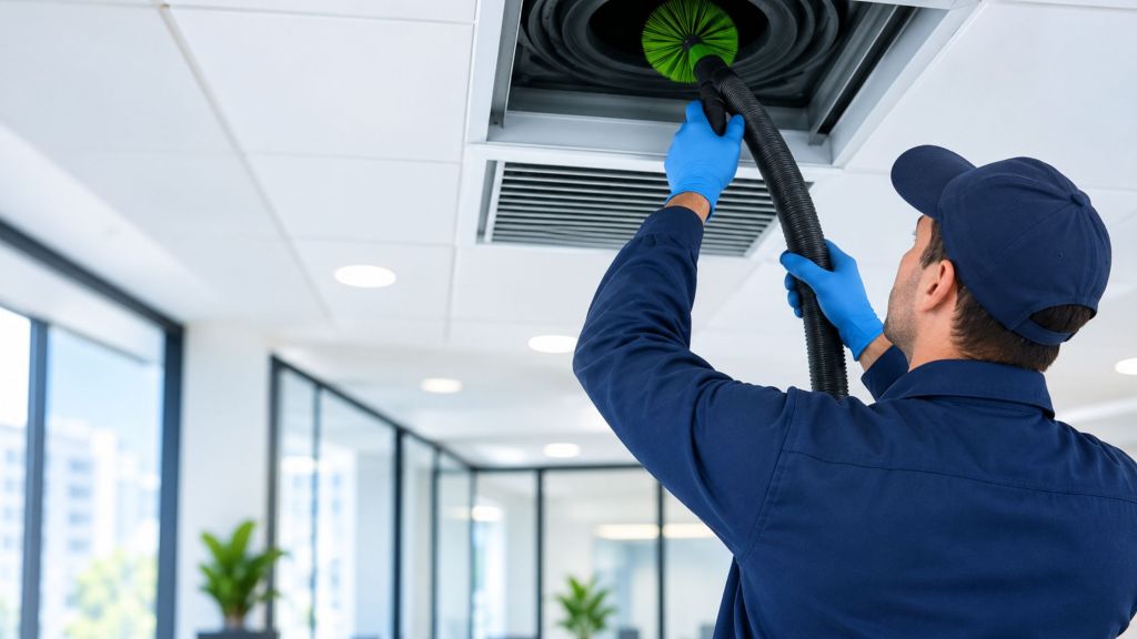 Commercial HVAC technician cleaning an office air duct in a modern workplace to improve indoor air quality and HVAC system efficiency.