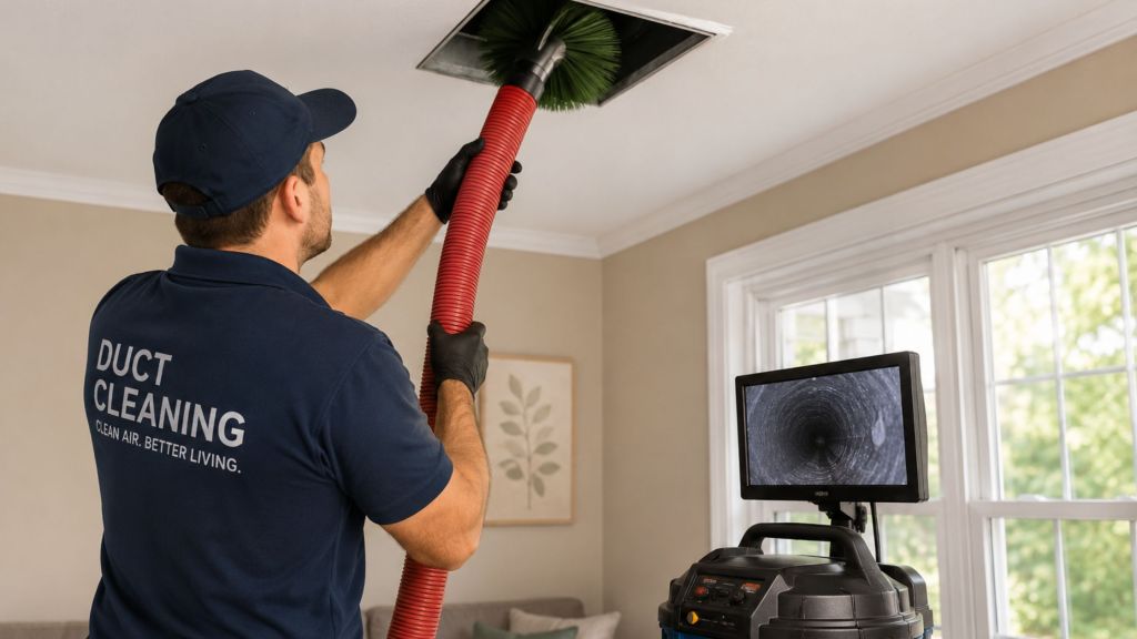 Professional HVAC technician cleaning residential air ducts using specialized vacuum equipment to improve indoor air quality and HVAC efficiency.