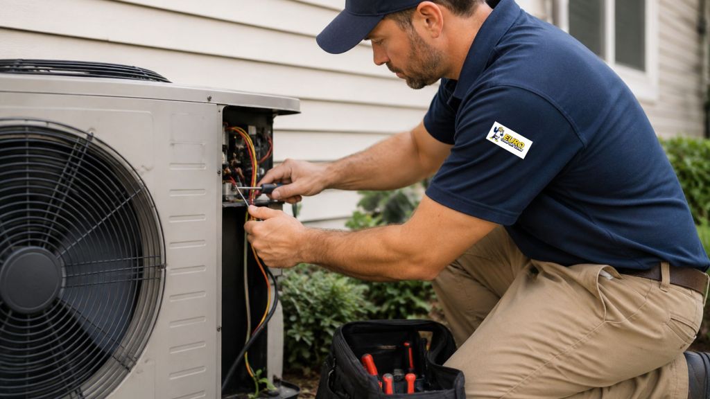 HVAC technician inspecting and repairing an outdoor residential air conditioning unit beside a home.