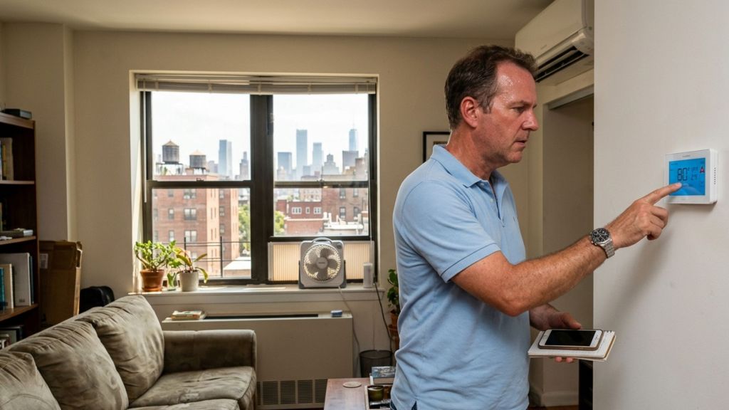 A visibly warm, sweating man in a New York apartment presses the screen of a wall-mounted digital thermostat displaying 80°F and an alert icon.