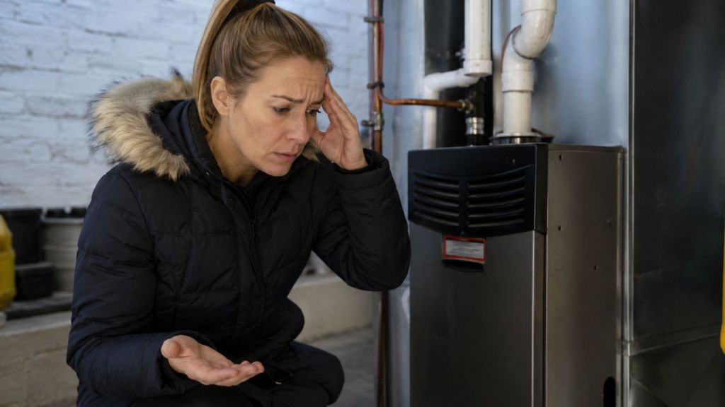Homeowner in a winter coat inspecting a malfunctioning furnace in a basement utility room, showing concern as cold weather threatens home heating and increases the risk of frozen pipes. Realistic residential HVAC emergency repair concept.