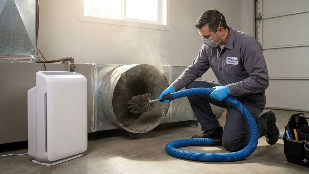 HVAC technician using a rotary brush and vacuum hose to clean an air duct next to an air purifier.