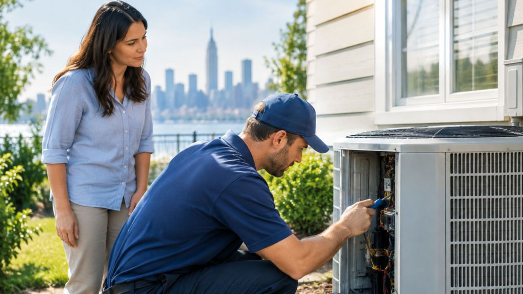 HVAC technician inspecting an outdoor central air conditioning unit while a homeowner observes.