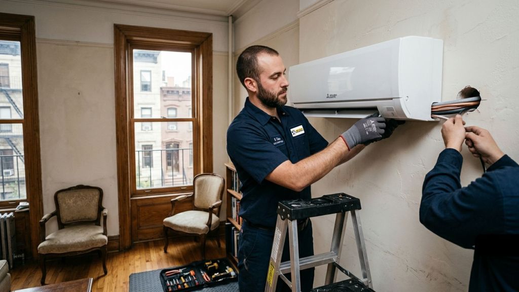 A professional HVAC technician mounts a sleek white ductless mini-split AC unit on an interior wall inside a classic New York City brownstone apartment. High ceilings, large wooden frame windows, and brownstone buildings are visible in the background.