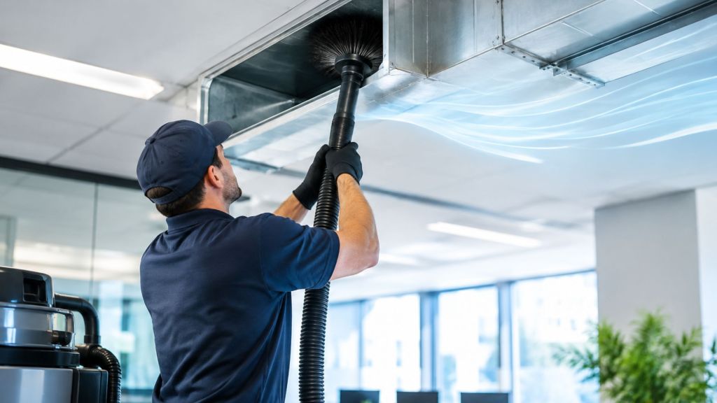 Commercial air duct cleaning technician servicing an office ventilation system.