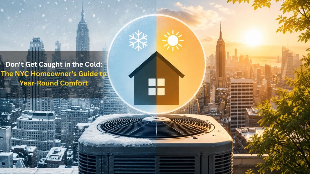 NYC skyline with an HVAC unit showing winter and summer conditions for year-round home comfort.