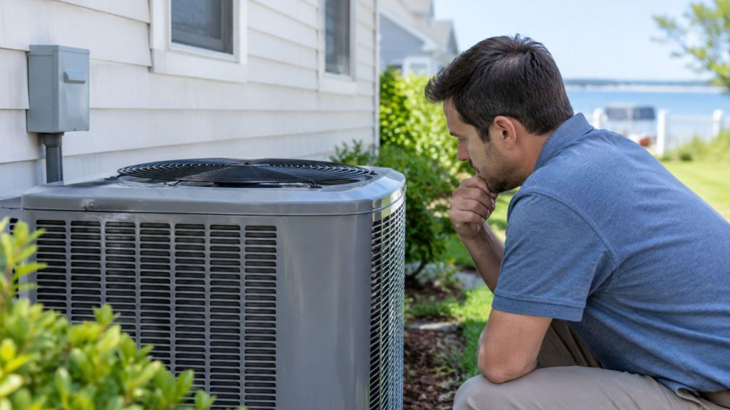 Homeowner inspecting a central AC unit outside a Long Island home.