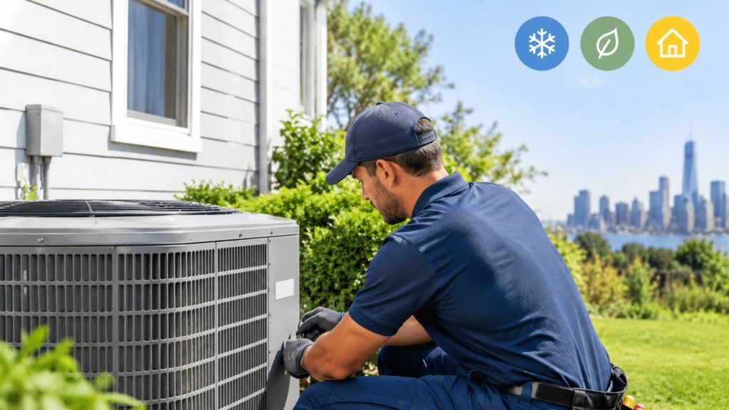 A realistic HVAC technician installing central air conditioning at a New York home, highlighting cooling efficiency and energy-saving upgrades.