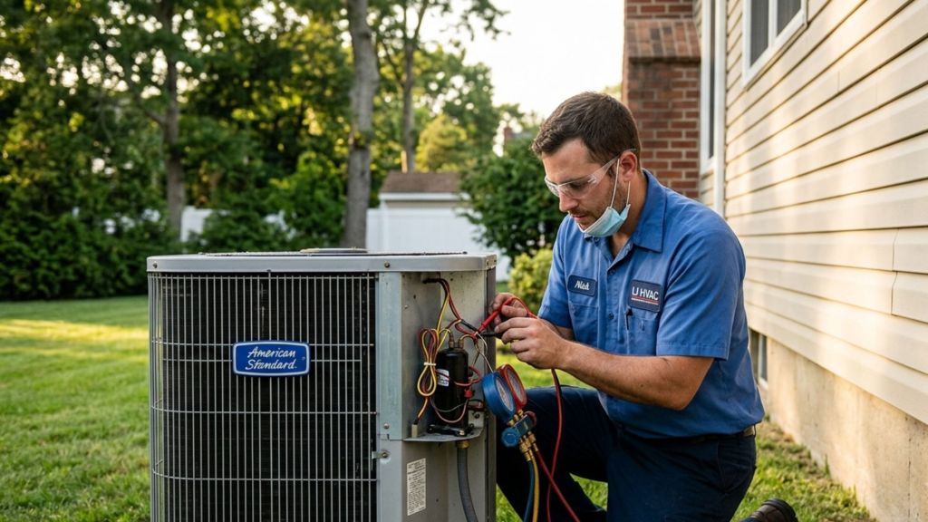 An HVAC technician kneeling outside a residential house, using diagnostic tools to inspect an outdoor air conditioner compressor unit.