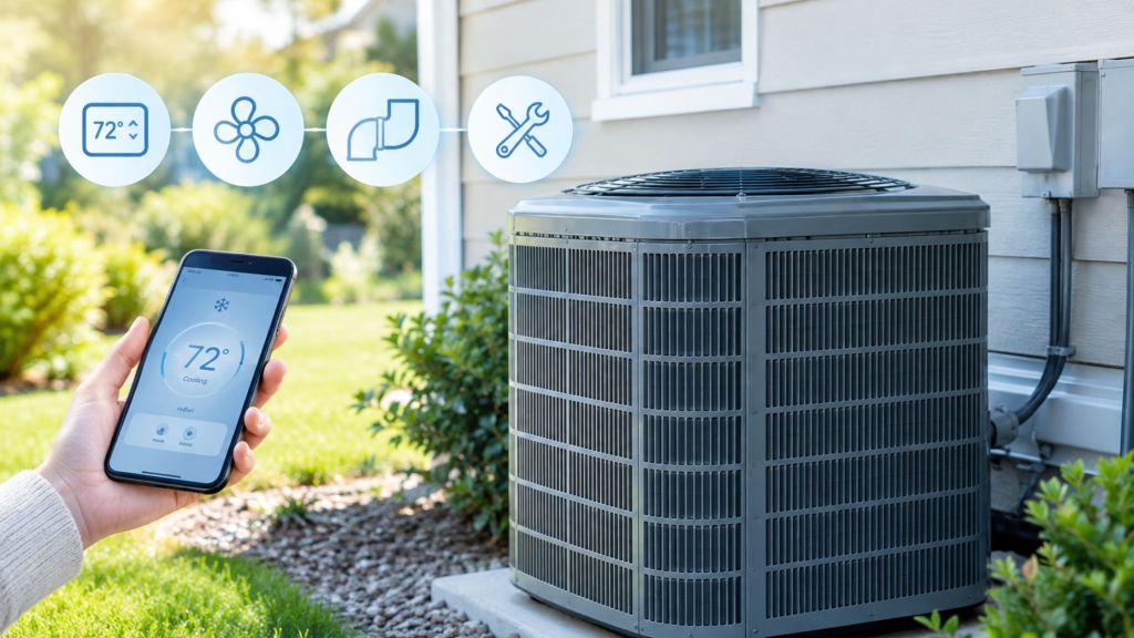 Energy-efficient central air conditioning system with smart thermostat and outdoor HVAC unit near a home.
