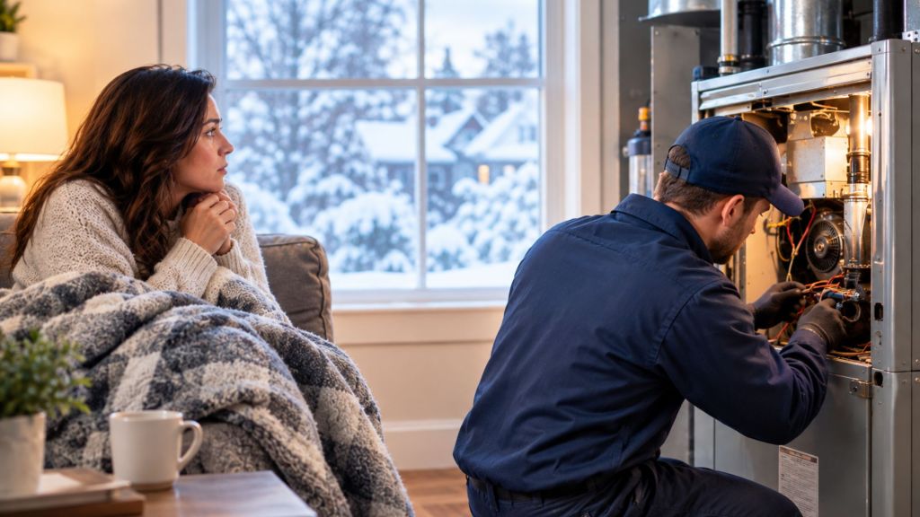 Emergency furnace repair in Rockland County with a technician fixing a furnace during winter while a homeowner stays warm under a blanket.